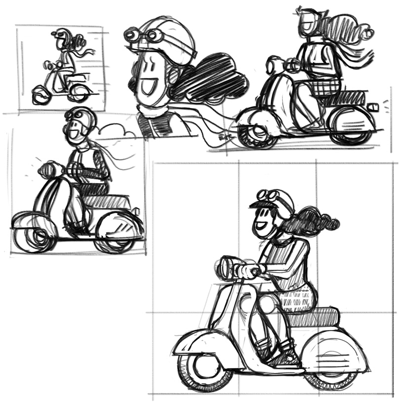 karakter schets scooter dame Last Action Vespa A00
